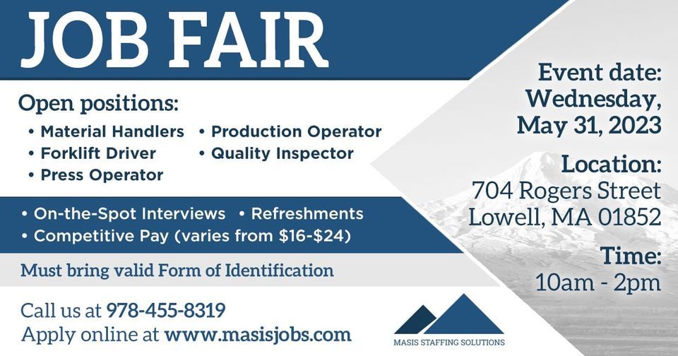 Job Fair (Lowell, MA), 704 Rogers St, Lowell, MA 01852-4338, United States,  May 31 2023 | AllEvents.in