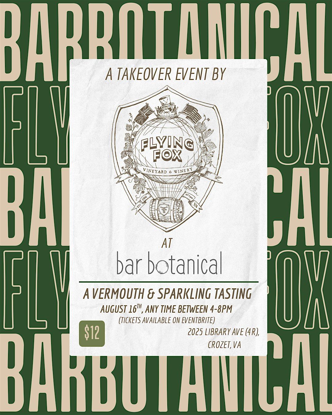 Flying Fox Takeover  at Bar Botanical (a vermouth & fizz tasting), 16 August | Event in Crozet | AllEvents