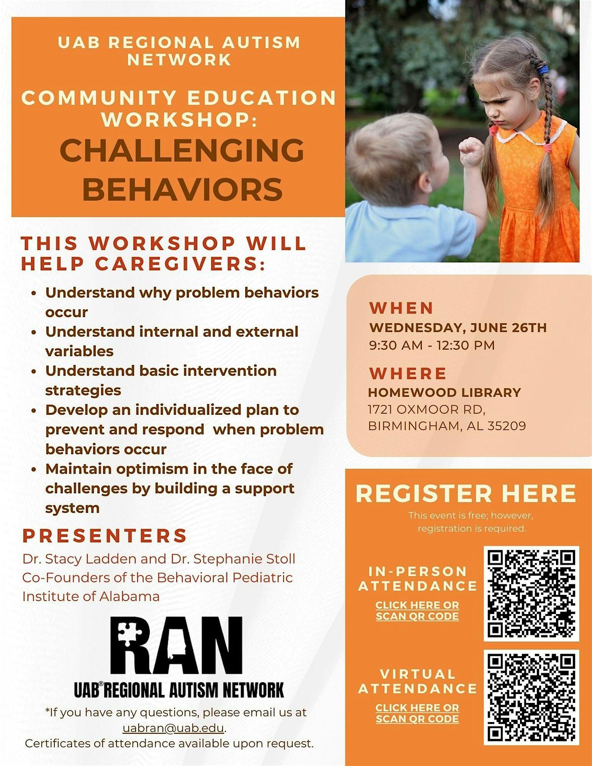 UAB RAN Community Education Workshop: Challenging Behaviors, 18 June | Event in Homewood | AllEvents