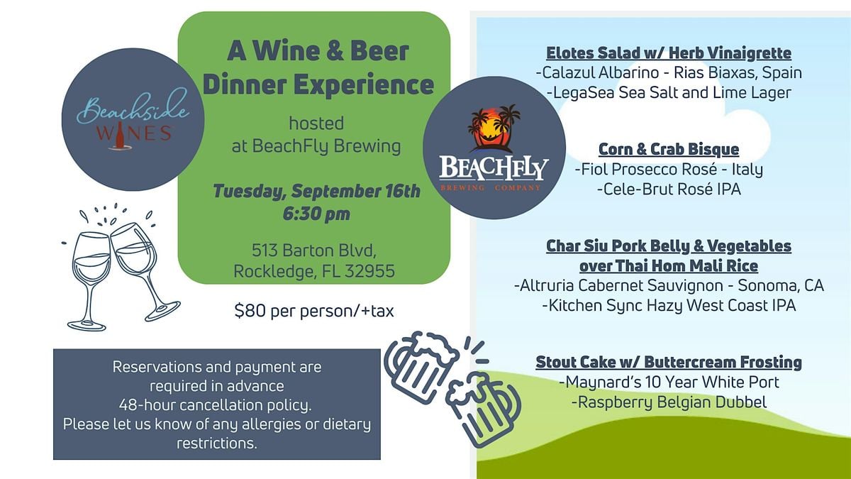 BeachFly Brewing and Beachside Wines: Wine & Beer Dinner Experience, 16 September | Event in Rockledge