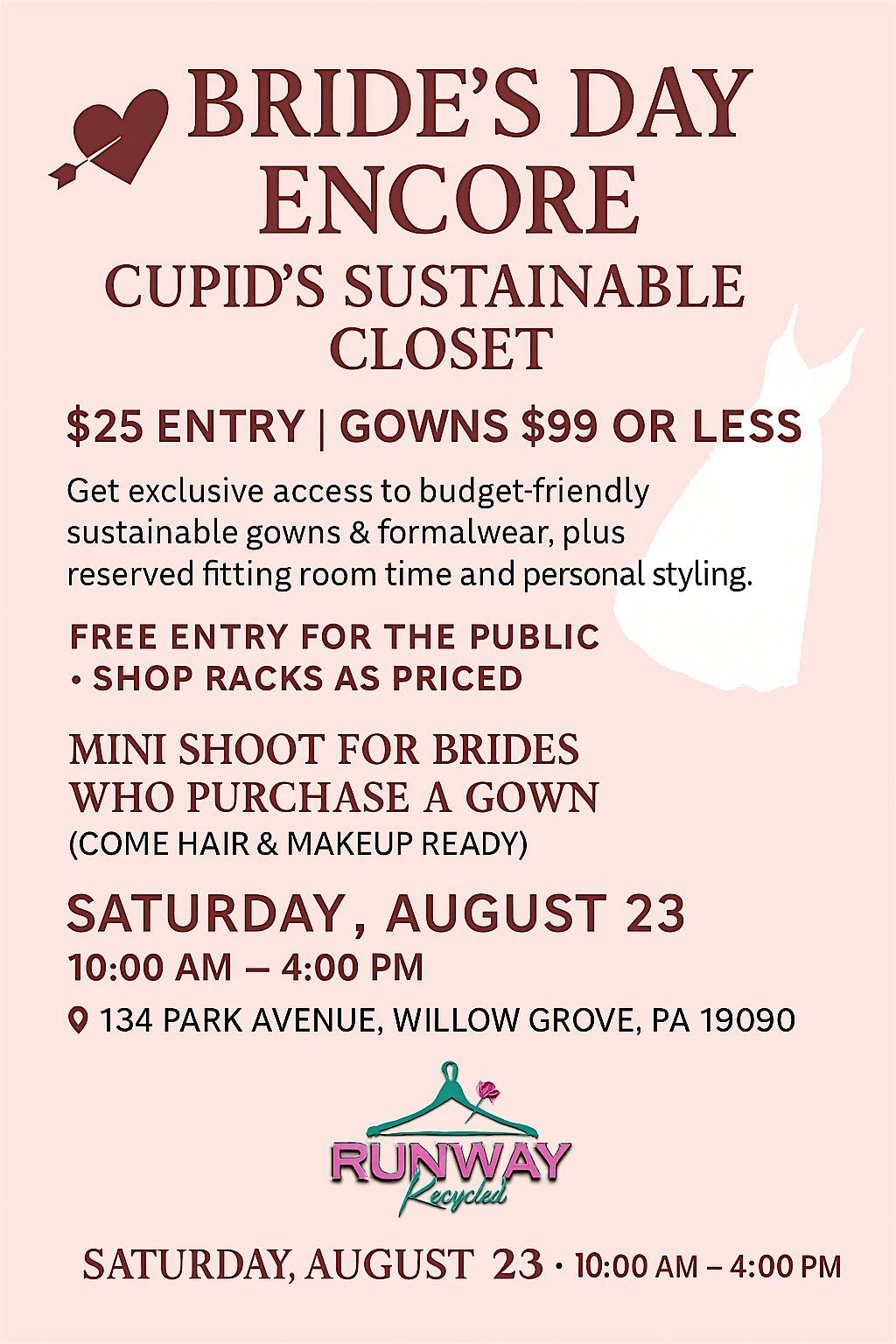 Bride’s Day Encore: Cupid’s Sustainable Closet – A VIP Bridal Experience, 23 August | Event in Willow Grove