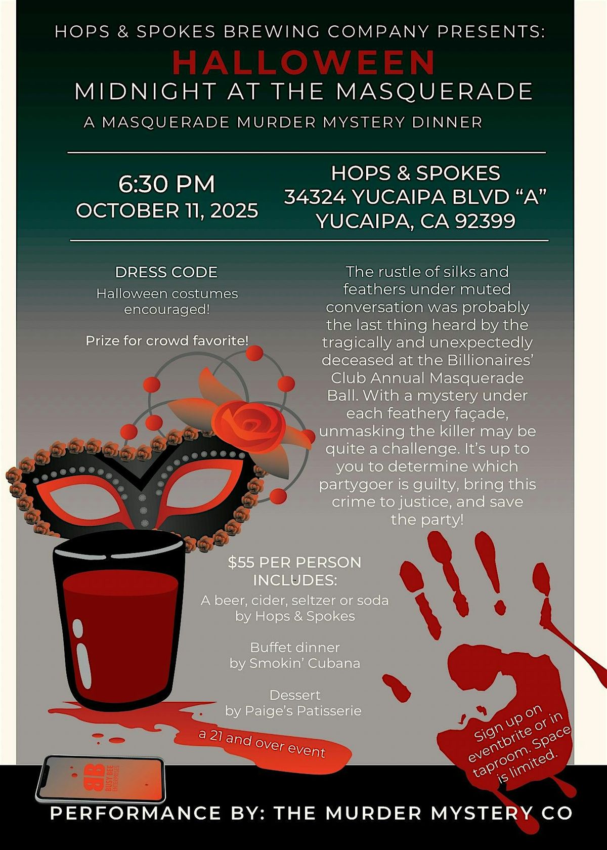 Halloween M**der Mystery Dinner Party at Hops & Spokes Brewing Company, 11 October | Event in Yucaipa