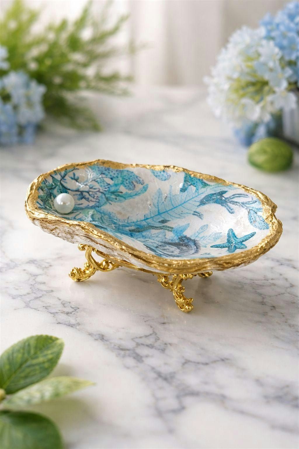 Decoupaged & UV Resin Oyster Shell Trinket Dishes (3)