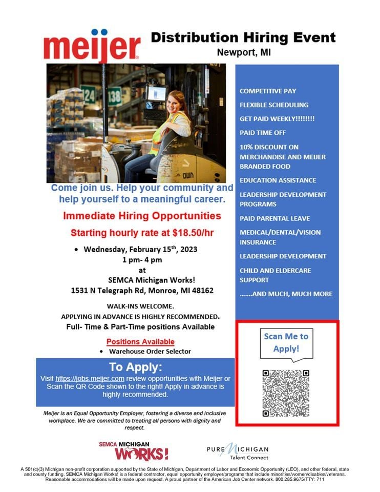 Meijer Distribution Center Hiring Event, Michigan Works Monroe American