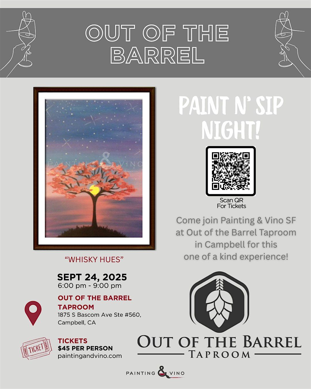 Paint & Sip "Twlight Cherry Blossoms" @ Out of the Barrel Campbell, 24 September | Event in Campbell