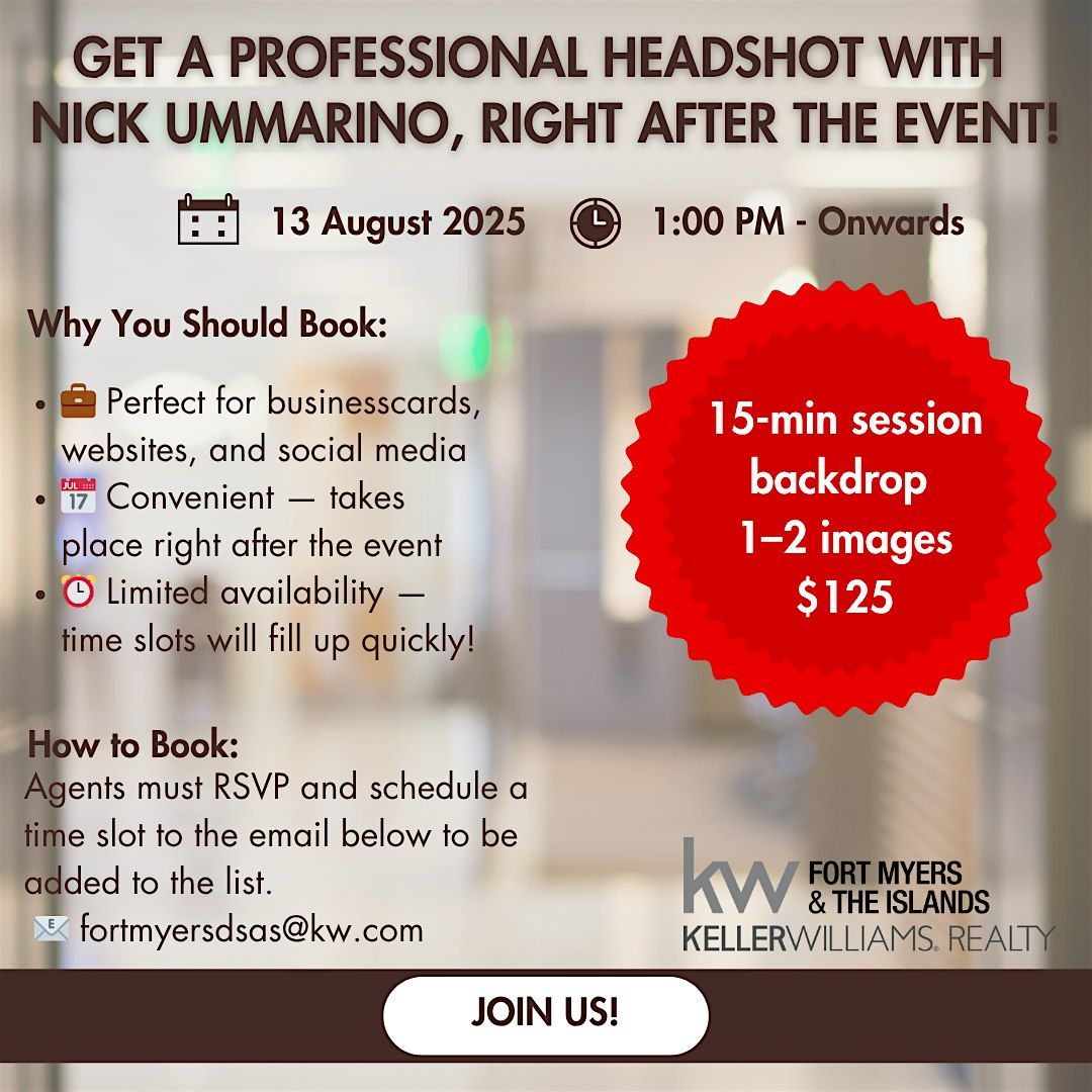Get a Professional Headshot with  Nick Ummarino, RIGHT After the Event!, 13 August | Event in Fort Myers | AllEvents