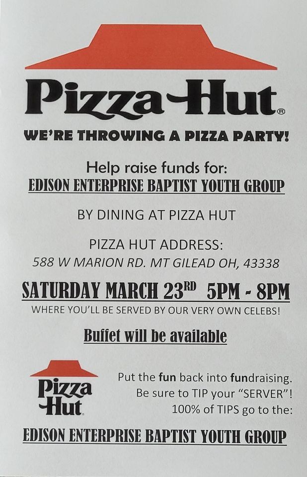 Pizza Hut youth fundraiser, 588 W. Marion St Mt Gilead OH 43338, Mount