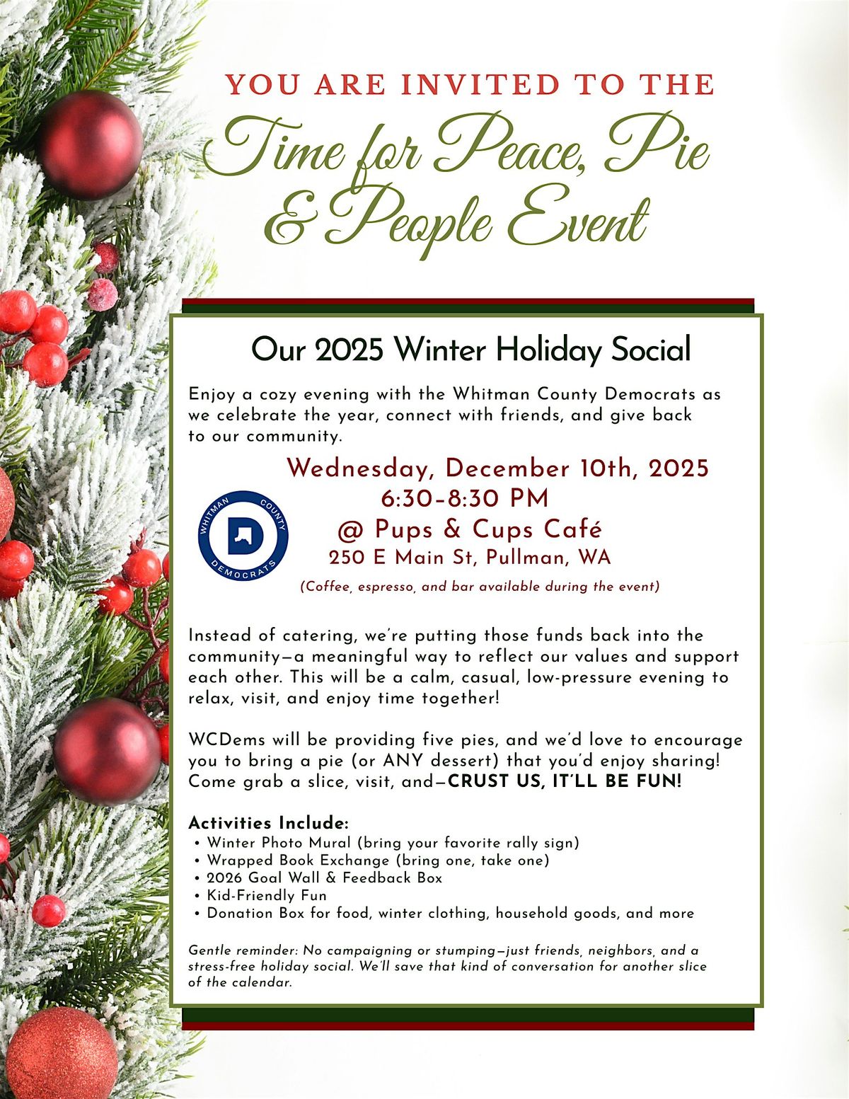 Time for Peace, Pie & People: 2025 Winter Holiday Social, 10 December | Event in Pullman | AllEvents