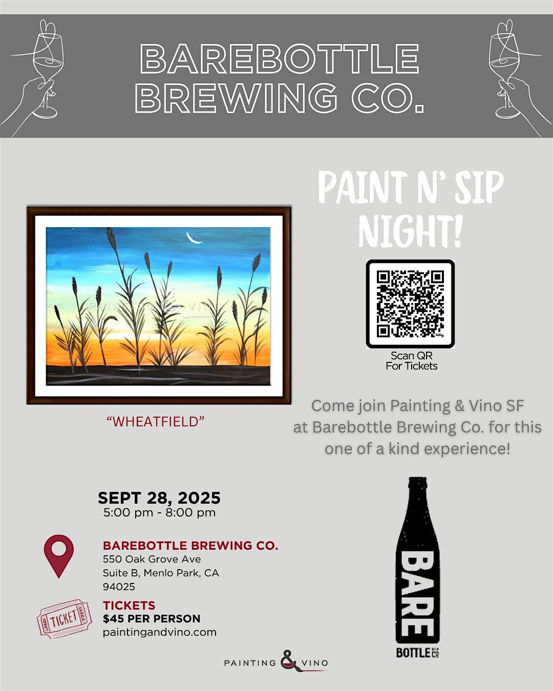 Paint & Sip "Wheatfield" @ Barebottle Menlo Park, 28 September | Event in Menlo Park | AllEvents