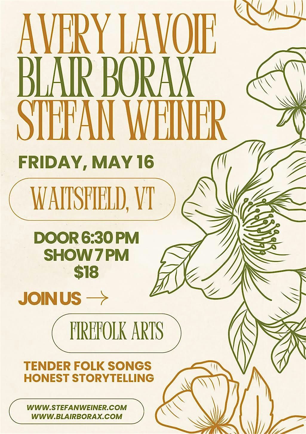 CONCERT: Avery Lavoie, Blair Borax, Stefan Weiner - Firefolk Arts Vermont, 16 May | Event in Waitsfield | AllEvents