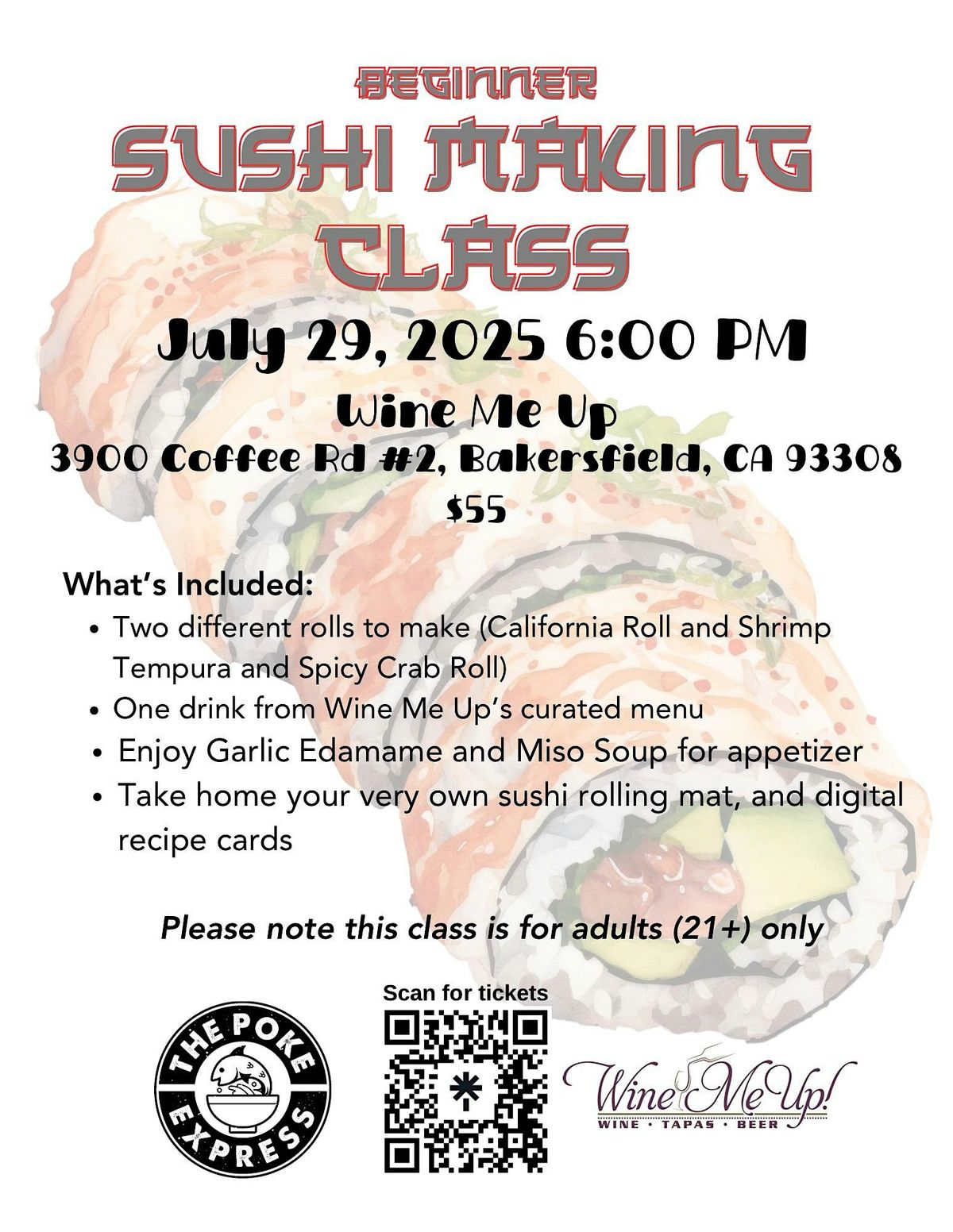 Beginners Sushi Making Class at Wine Me Up, 29 July | Event in Bakersfield | AllEvents