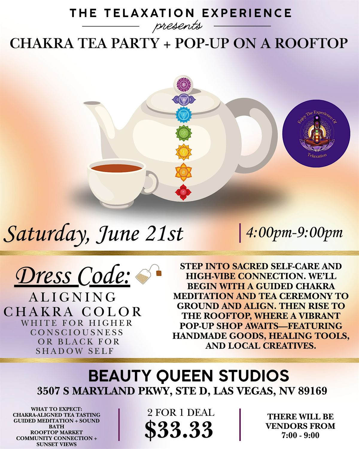 11&1 Telaxation Experience Chakra Tea Party & Pop-Up on a Rooftop, 21 June | Event in Las Vegas | AllEvents