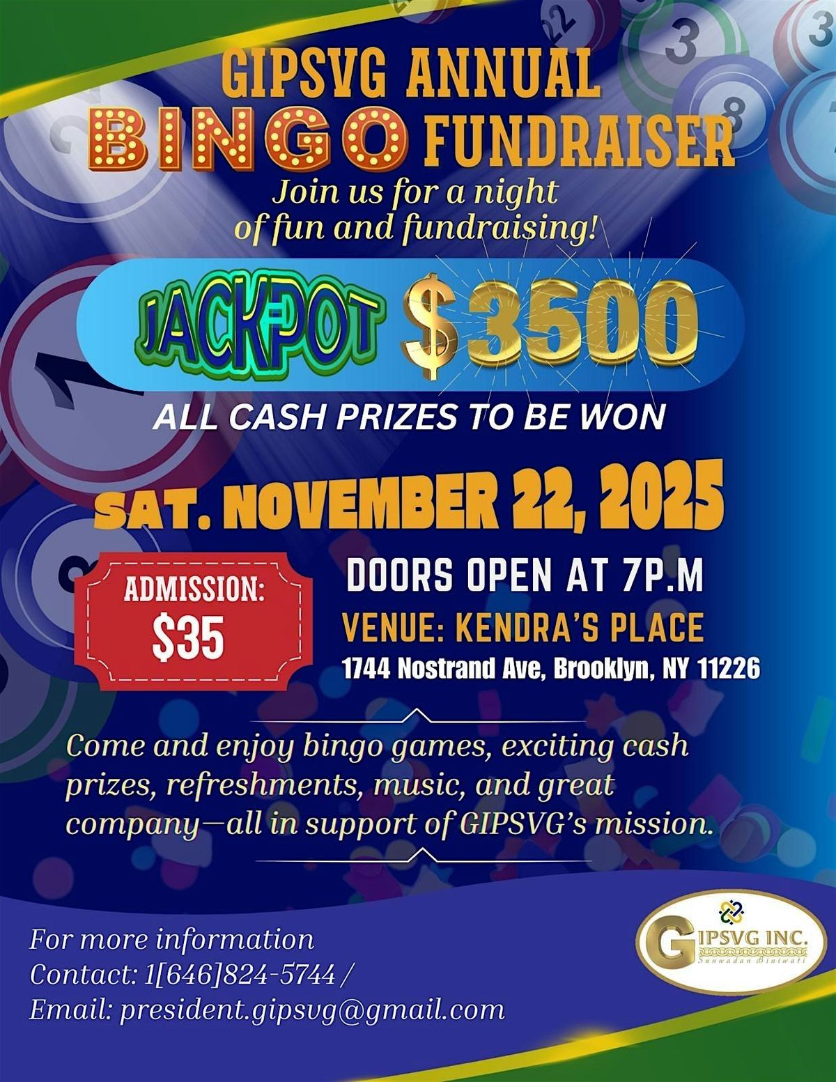 GIPSVG ANNUAL BINGO FUNDRAISER, 22 November | Event in Brooklyn | AllEvents