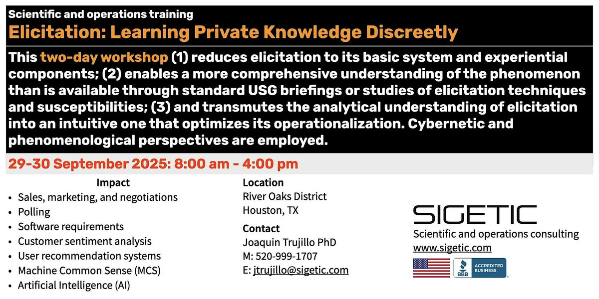 Elicitation: Learning Private Knowledge Discreetly, 29 September | Event in Houston | AllEvents