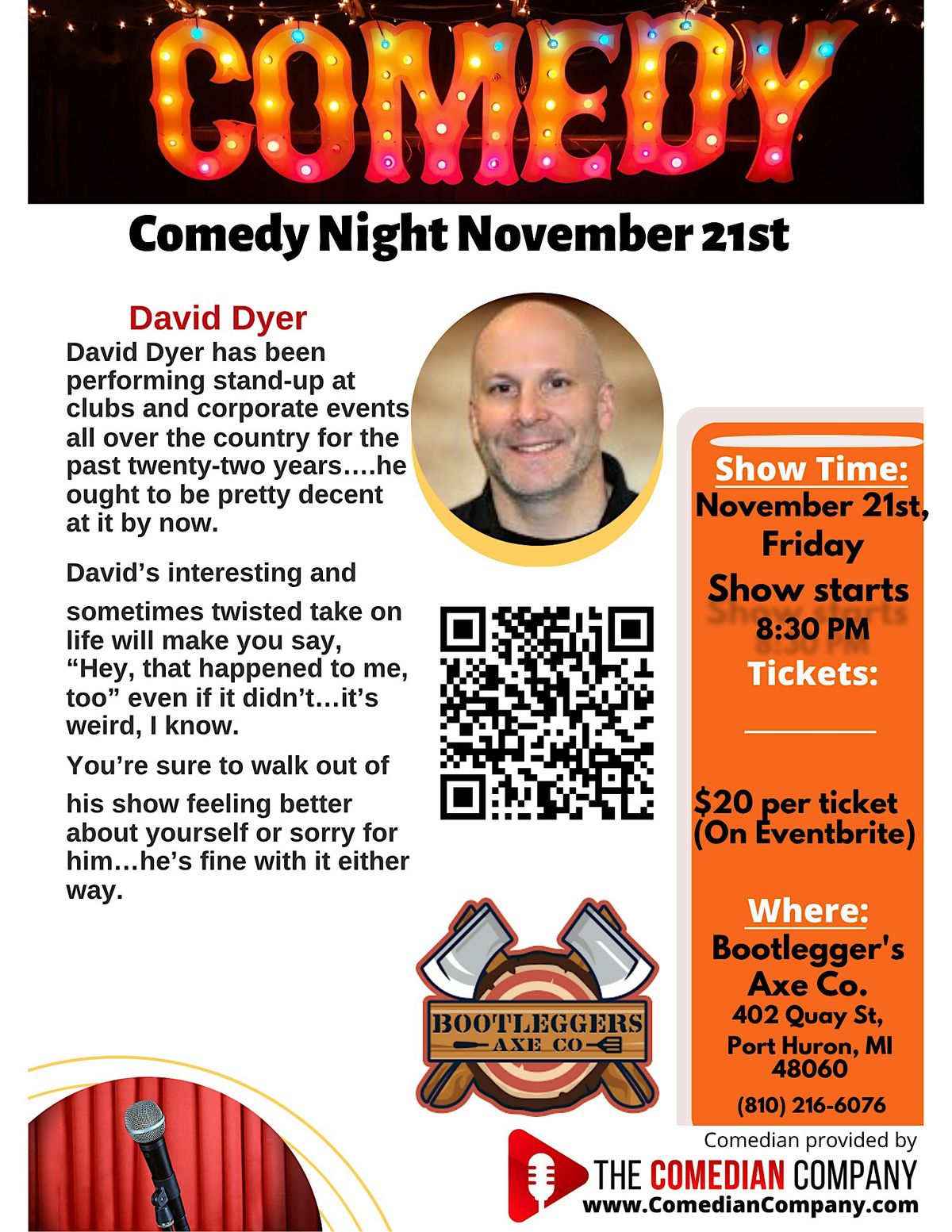 Comedy Night with David Dyer @ Bootleggers Axe Co., 21 November | Event in Port Huron | AllEvents
