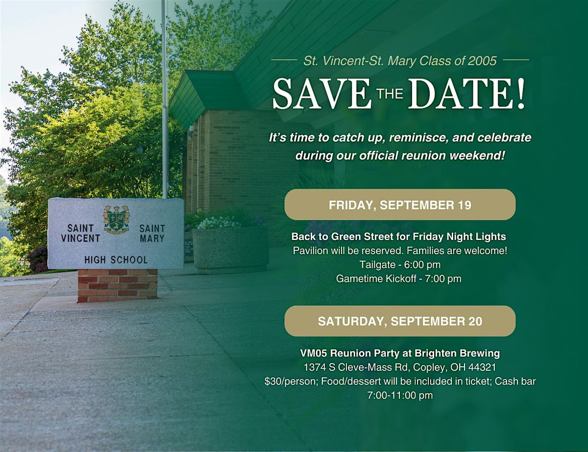 St. Vincent- St. Mary Class of 2005 20th Reunion, 20 September | Event in Copley | AllEvents