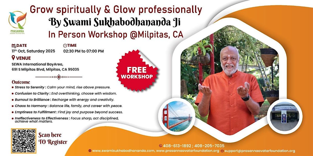 Grow Spiritually & Glow Professionally By Swami Sukhabodhananda Ji, 11 October | Event in Milpitas | AllEvents