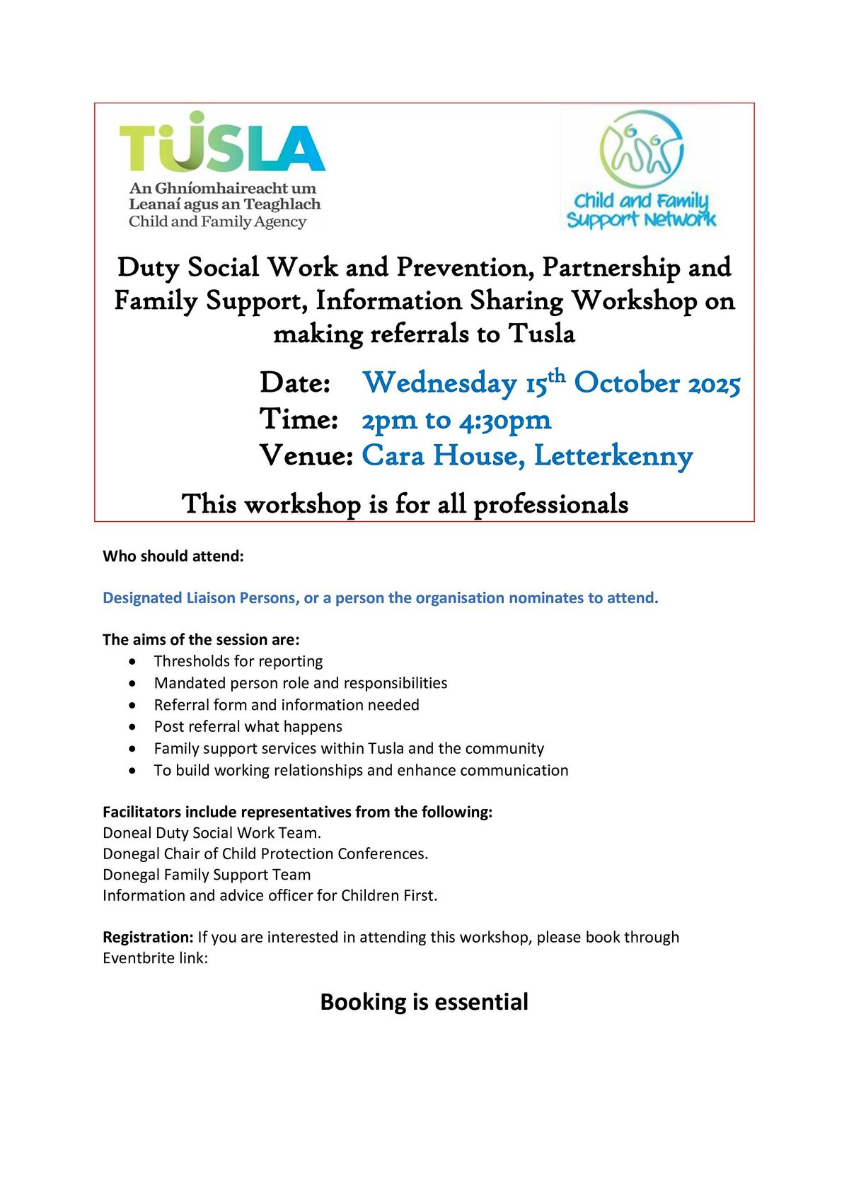 Information Workshop on Making Referrals to Tusla for Professionals, 15 October | Event in Letterkenny | AllEvents