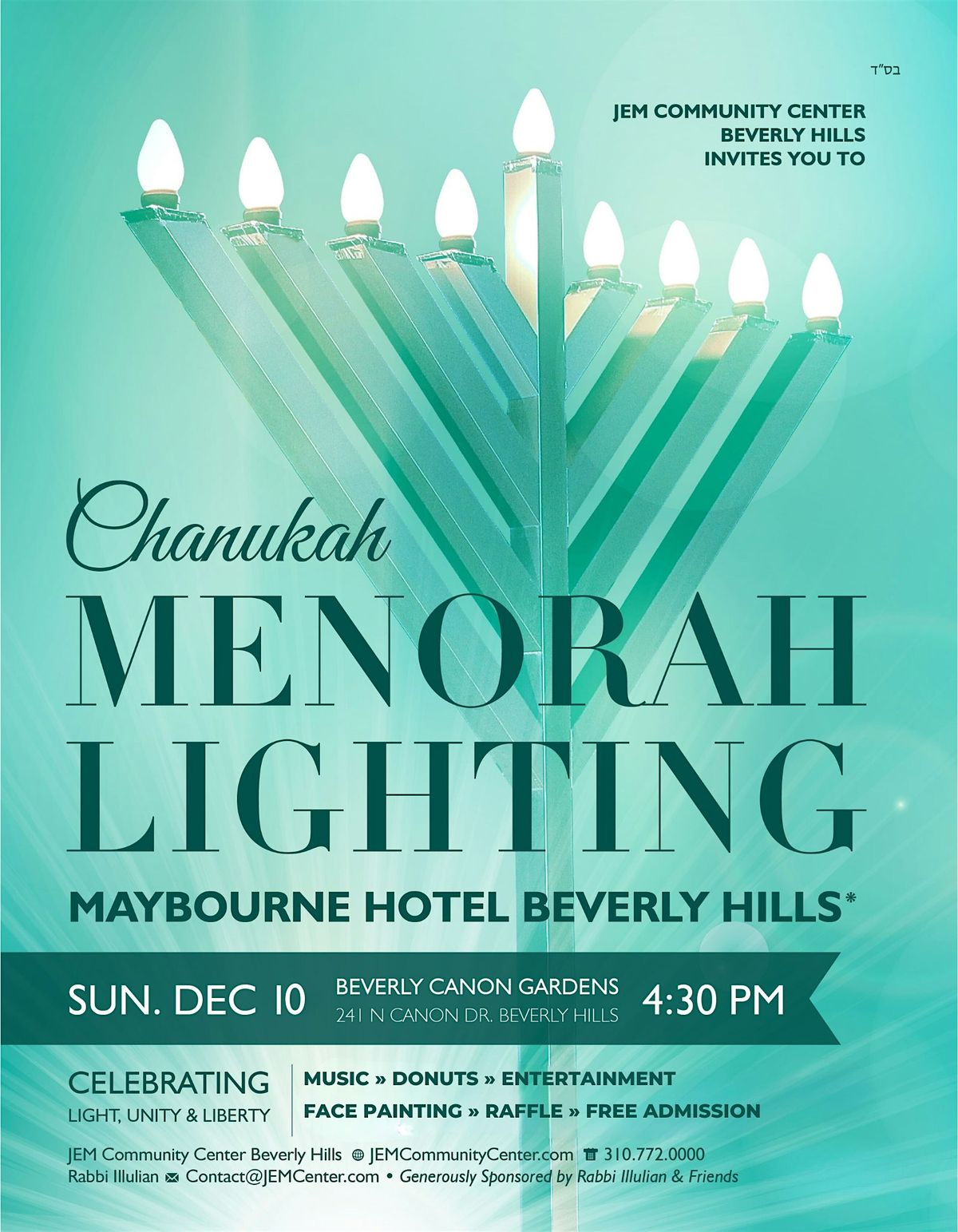Free Hanukkah Party For Family & Friends | Menorah Lighting  2025 | JEM, 14 December | Event in Beverly Hills