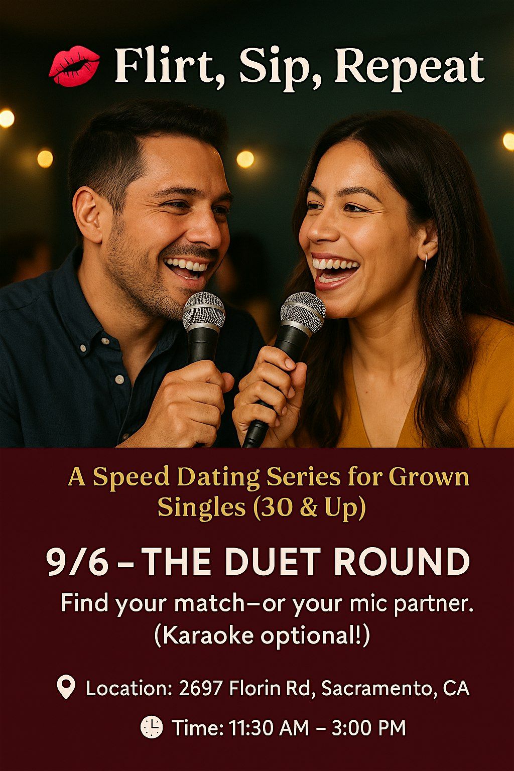 Flirt, Sip, Repeat – The Duet Round (Ages Mid-30s to Mid-40s), 6 September | Event in Sacramento | AllEvents