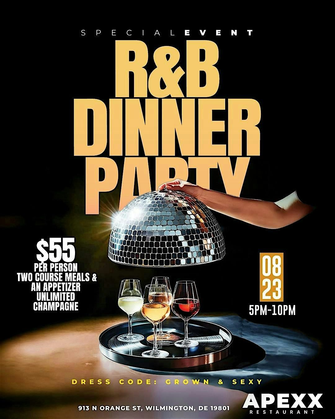 R&B Dinner Party  TWO COURS MEALS AN APPETIZER & UNLIMITED CHAMPAGNE, 23 August | Event in Wilmington