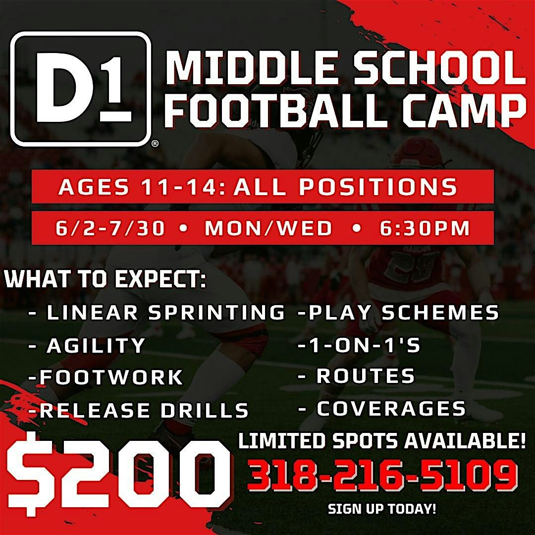 D1 MIDDLE SCHOOL FOOTBALL CAMP (AGES 11-14), 2 June | Event in Shreveport | AllEvents