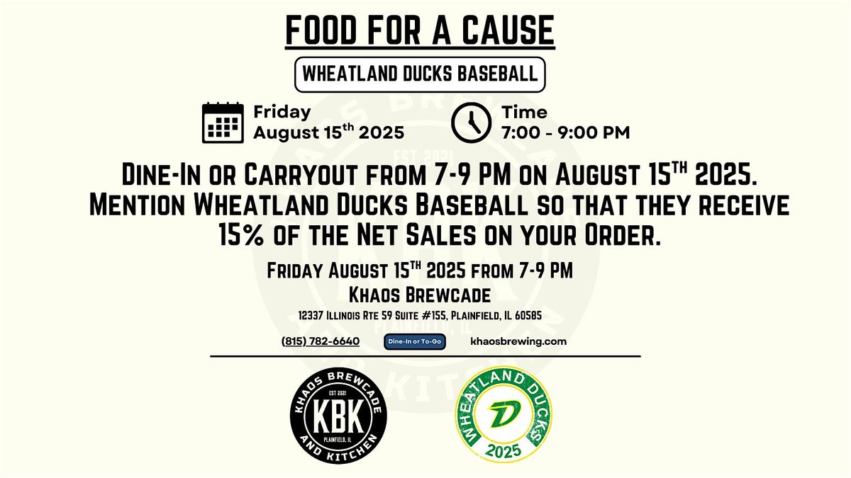Khaos Brewcade Food for a Cause - Wheatland Ducks - Friday 8/15 - 7-9 PM, 15 August | Event in Plainfield