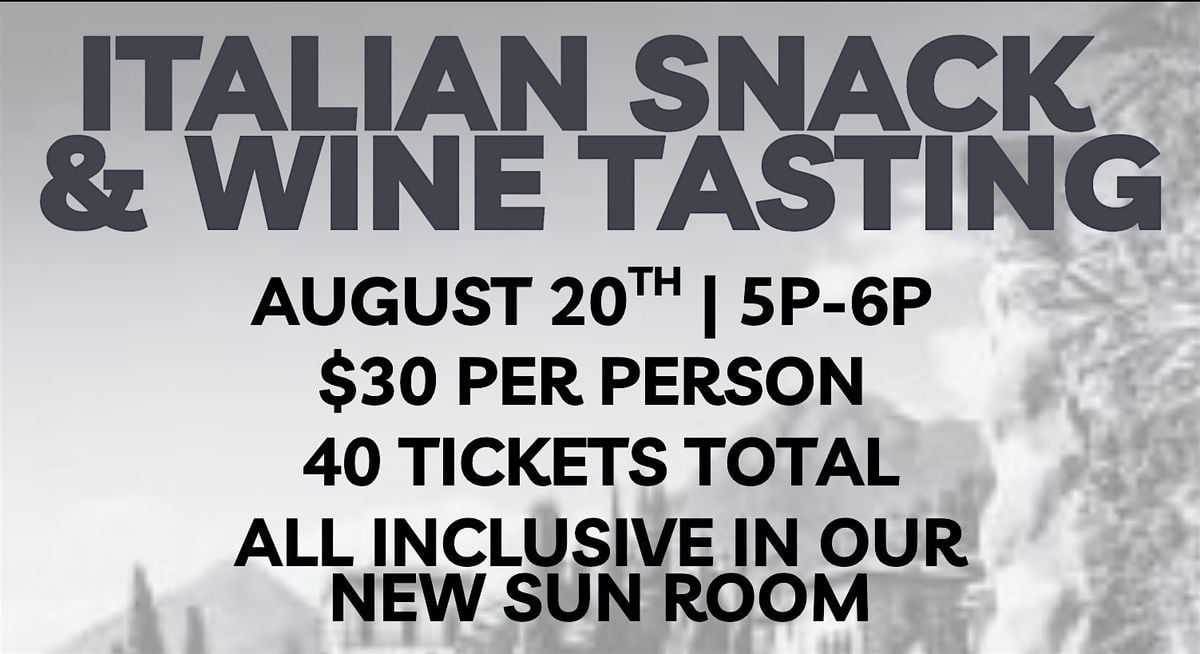 Italian Snack & Wine Tasting @ Sahm's Ale House in Village of West Clay, 20 August | Event in Carmel | AllEvents