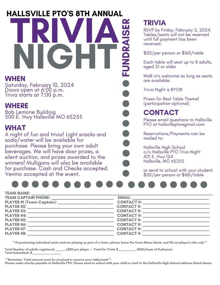 Hallsville PTO 8th Annual Trivia Night, Bob Lemone Building Hallsville