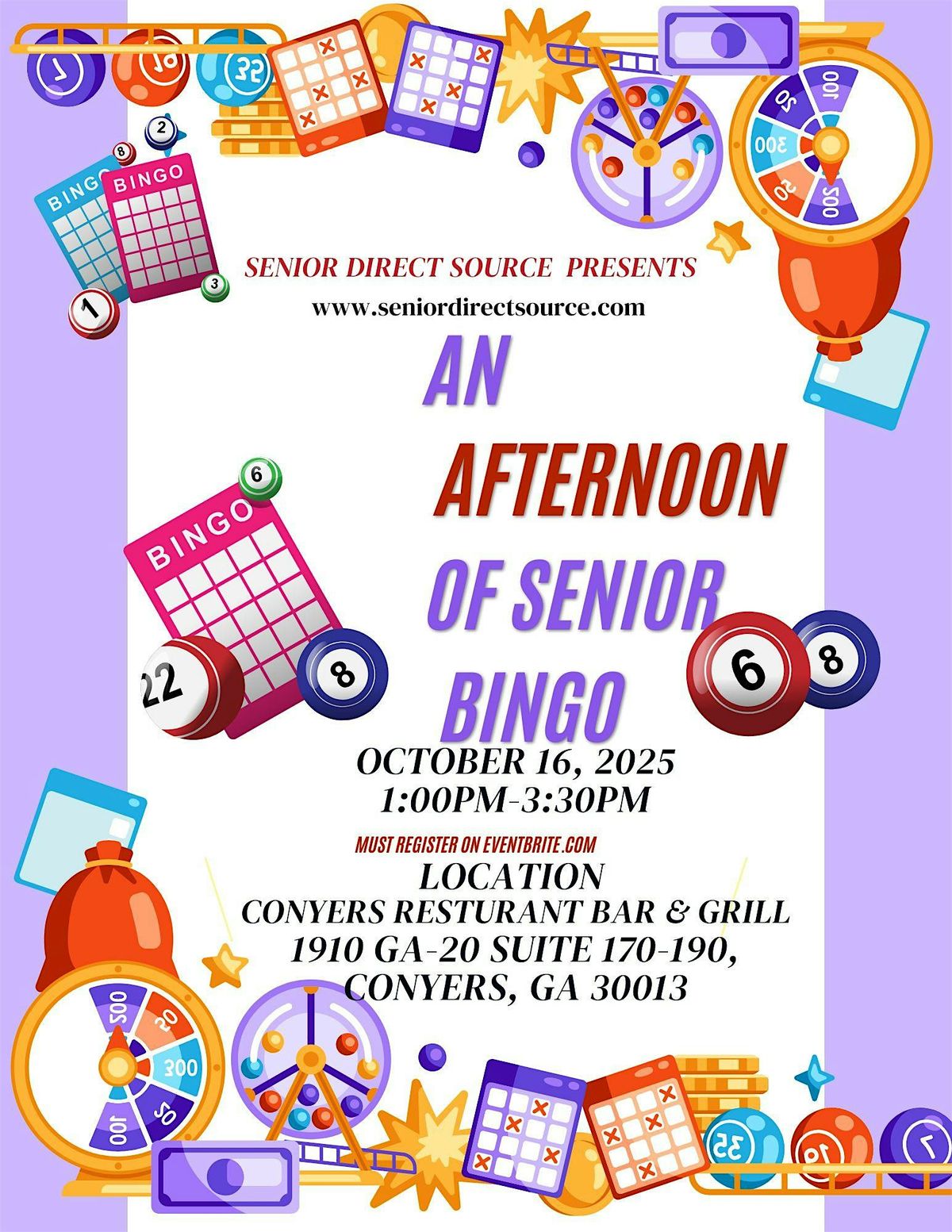 Senior Direct Source Presents An afternoon of Bingo, 16 October | Event in Conyers | AllEvents