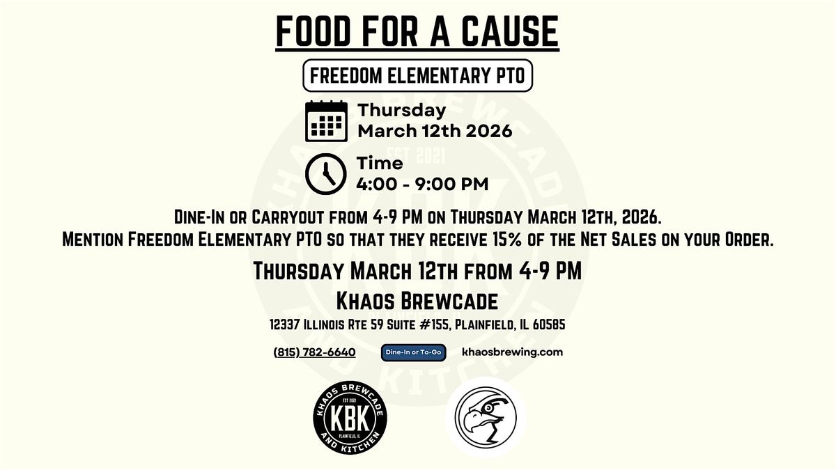 Khaos Brewcade Food for a Cause - Freedom Elementary PTO - Thursday 3/12/26, 12 March | Event in Plainfield