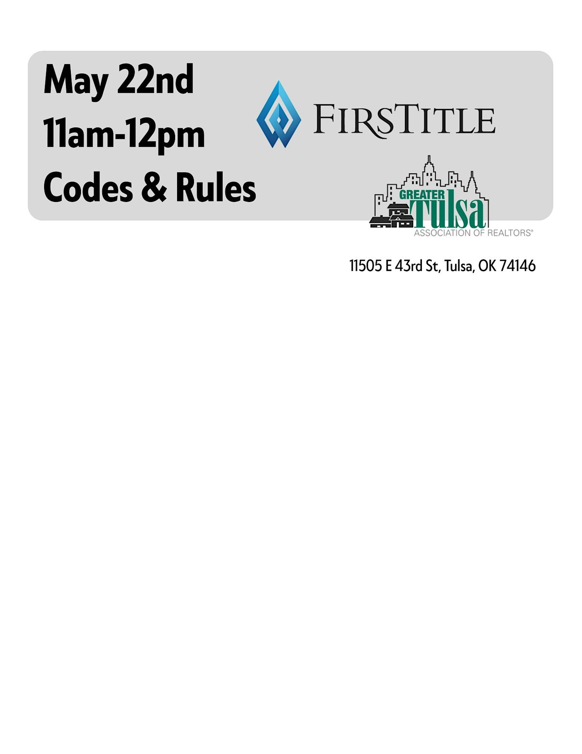 FirsTitle and GTAR Codes & Rules 1 HR CAR Credit, 22 May | Event in Tulsa | AllEvents