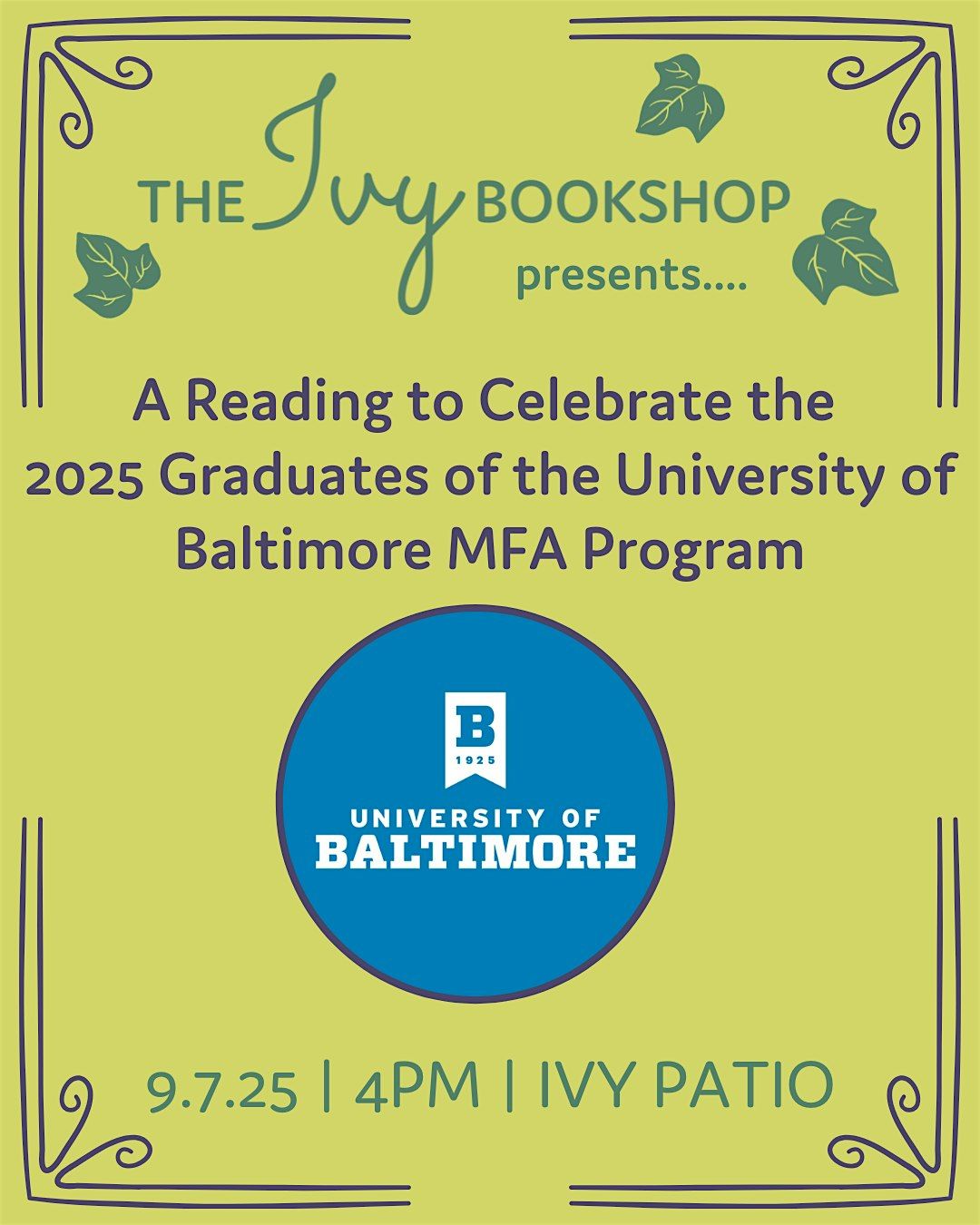 Reading to Celebrate 2025 Graduates of University of Baltimore MFA Program, 7 September | Event in Baltimore