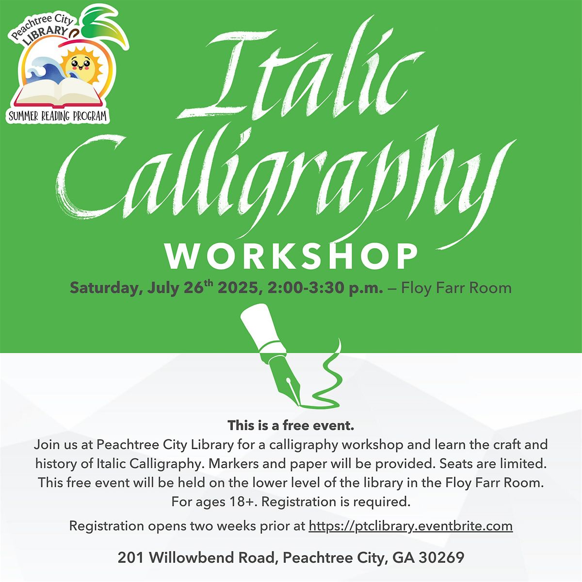Italic Calligraphy Workshop - Summer 2025, 26 July | Event in Peachtree City | AllEvents