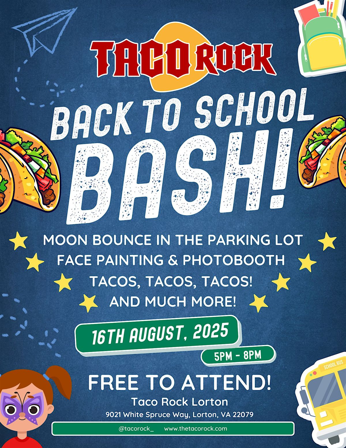 Back to School Bash @ Taco Rock Lorton!, 16 August | Event in Lorton | AllEvents