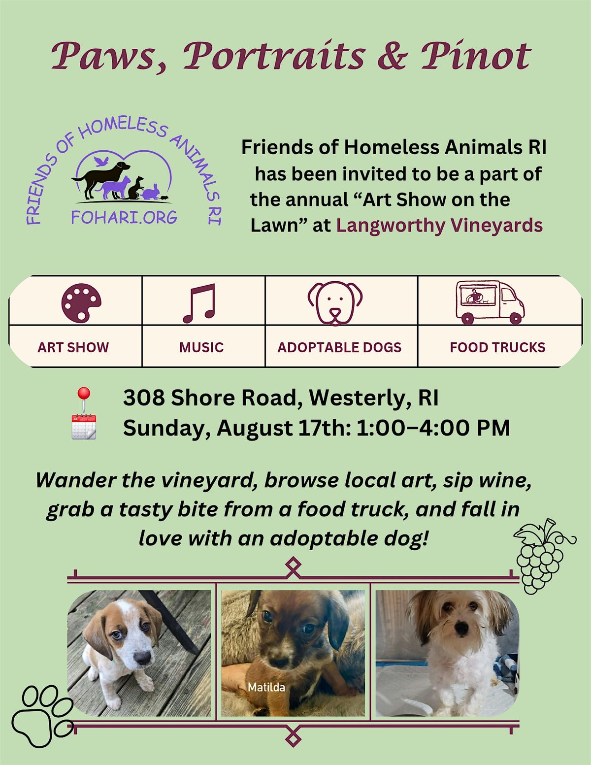 Paws, Portraits and Pinot, 17 August | Event in Westerly | AllEvents