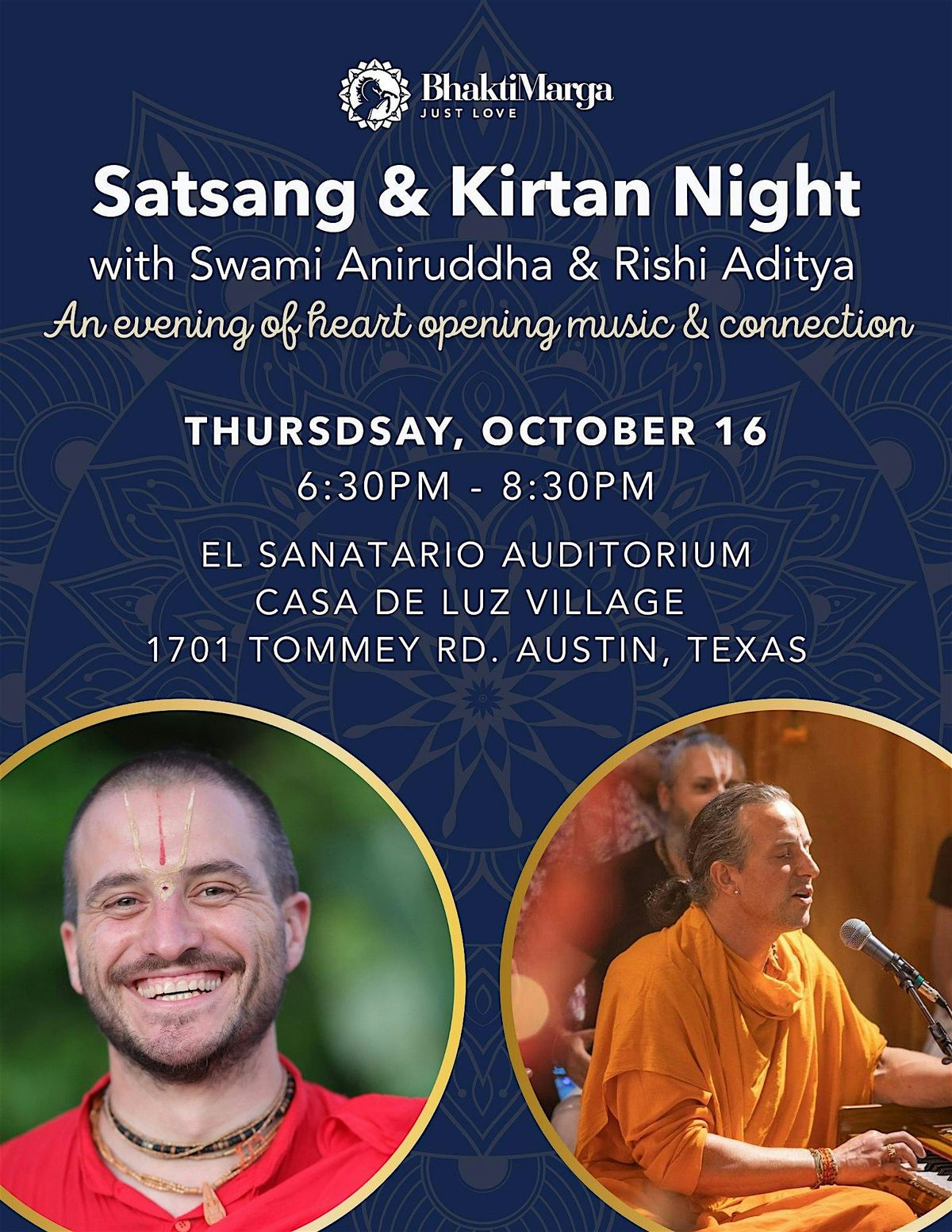 Satsang and Kirtan with Swami Annirudha and Rishi Aditya, 16 October | Event in Austin | AllEvents