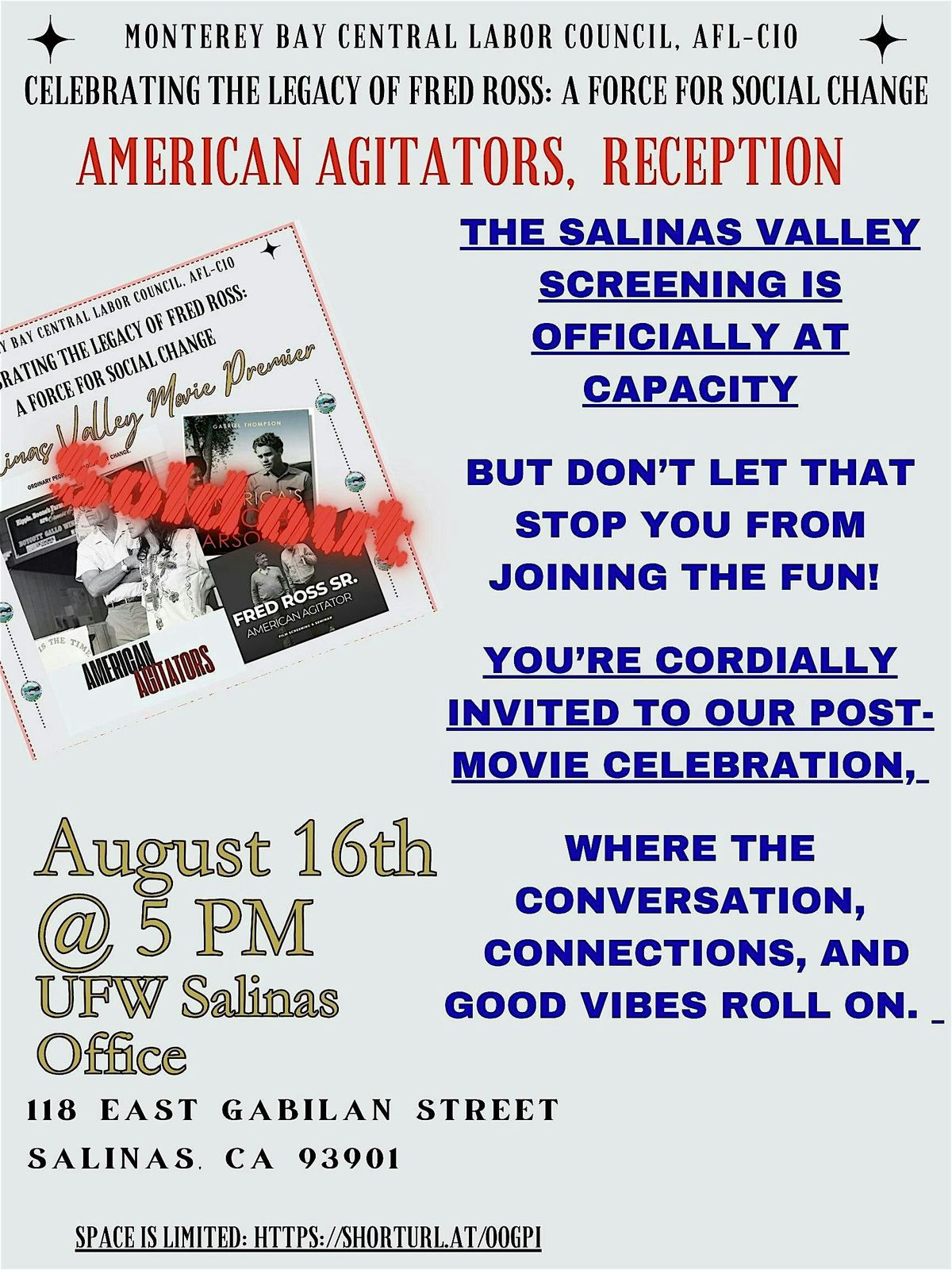 THE SALINAS VALLEY SCREENING IS AT FULL CAPACITY — BUT DON’T LET THAT STOP, 16 August | Event in Salinas