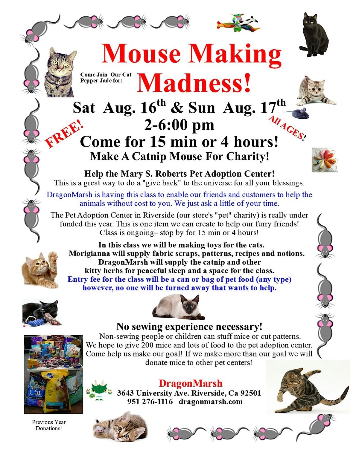 FREE- Mouse Making Madness- Make a Catnip Mouse for Charity!, 17 August | Event in Riverside | AllEvents