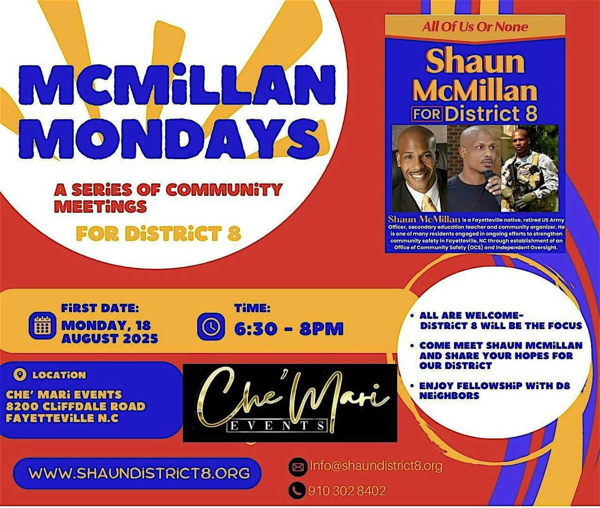 RSVP - McMillan Mondays for District 8 -  August 18th,  6:30pm, 18 August | Event in Fayetteville | AllEvents
