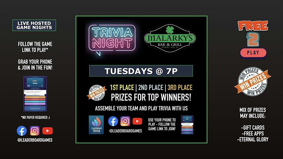 Trivia Night | Malarky's Bar & Grill - Storm Lake IA - TUE 7p, 14 October | Event in Storm Lake | AllEvents