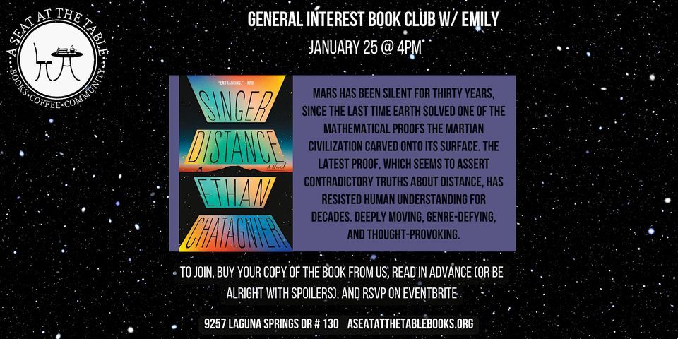 General Interest Book Club w/ Emily: Singer Distance, 9257 Laguna ...