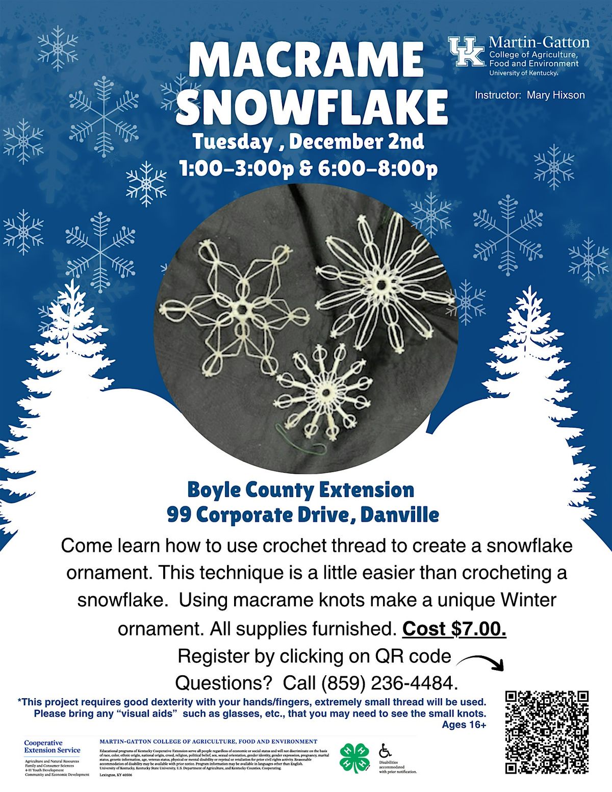Macrame Snowflake 1:00-3:00 or 6:00-8:00, 2 December | Event in Danville | AllEvents