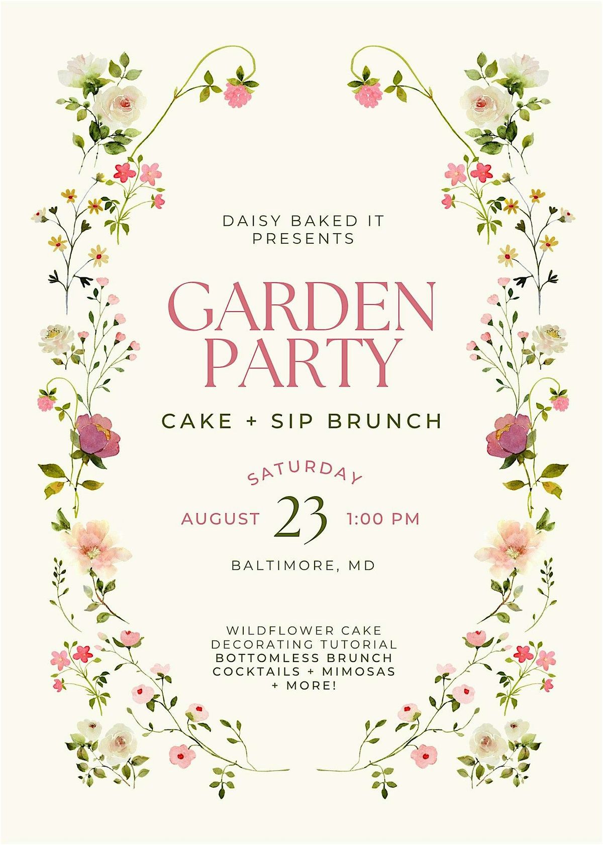 Garden Party Cake + Sip Brunch: A Cake Decorating Experience, 23 August | Event in Baltimore | AllEvents