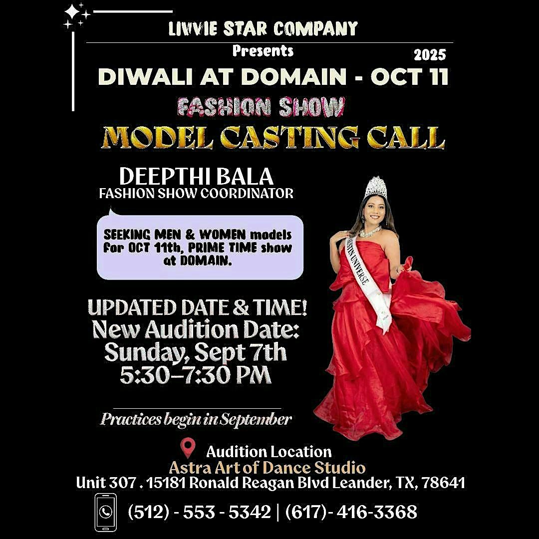 MODEL CASTING CALL | DIWALI & GARBA AT THE DOMAIN FASHION SHOW | OCT 11, 7 September | Event in Leander