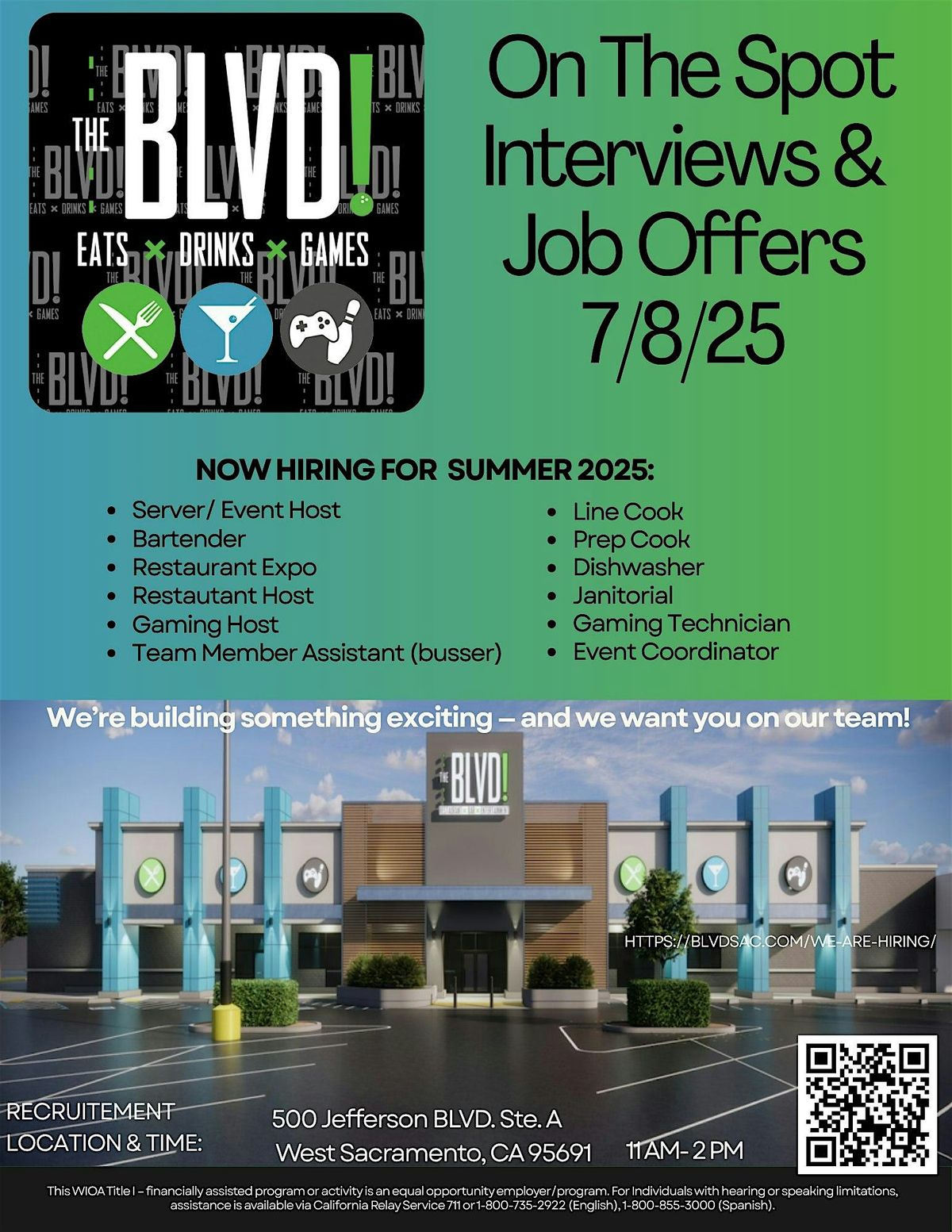 The BLVD Hiring Event 0n Tuesday, July 8th, 2025, 8 July | Event in West Sacramento | AllEvents
