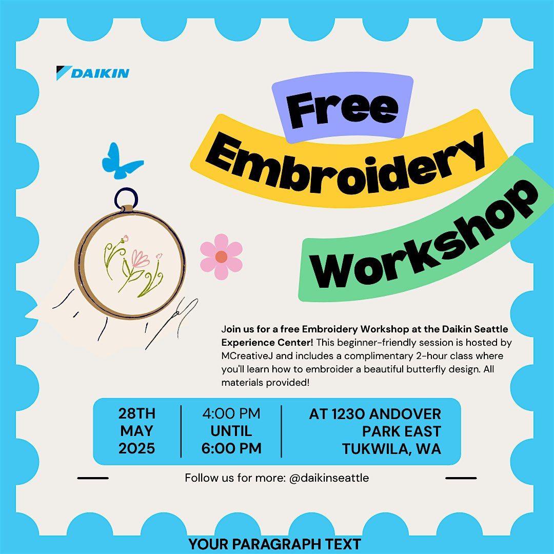 Free Embroidery Workshop | Daikin Seattle Experience Center, 28 May | Event in Tukwila | AllEvents