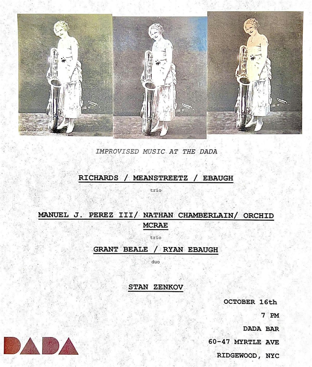 Improvised Music at DADA, curated by Ryan Ebaugh, 16 October | Event in Queens | AllEvents