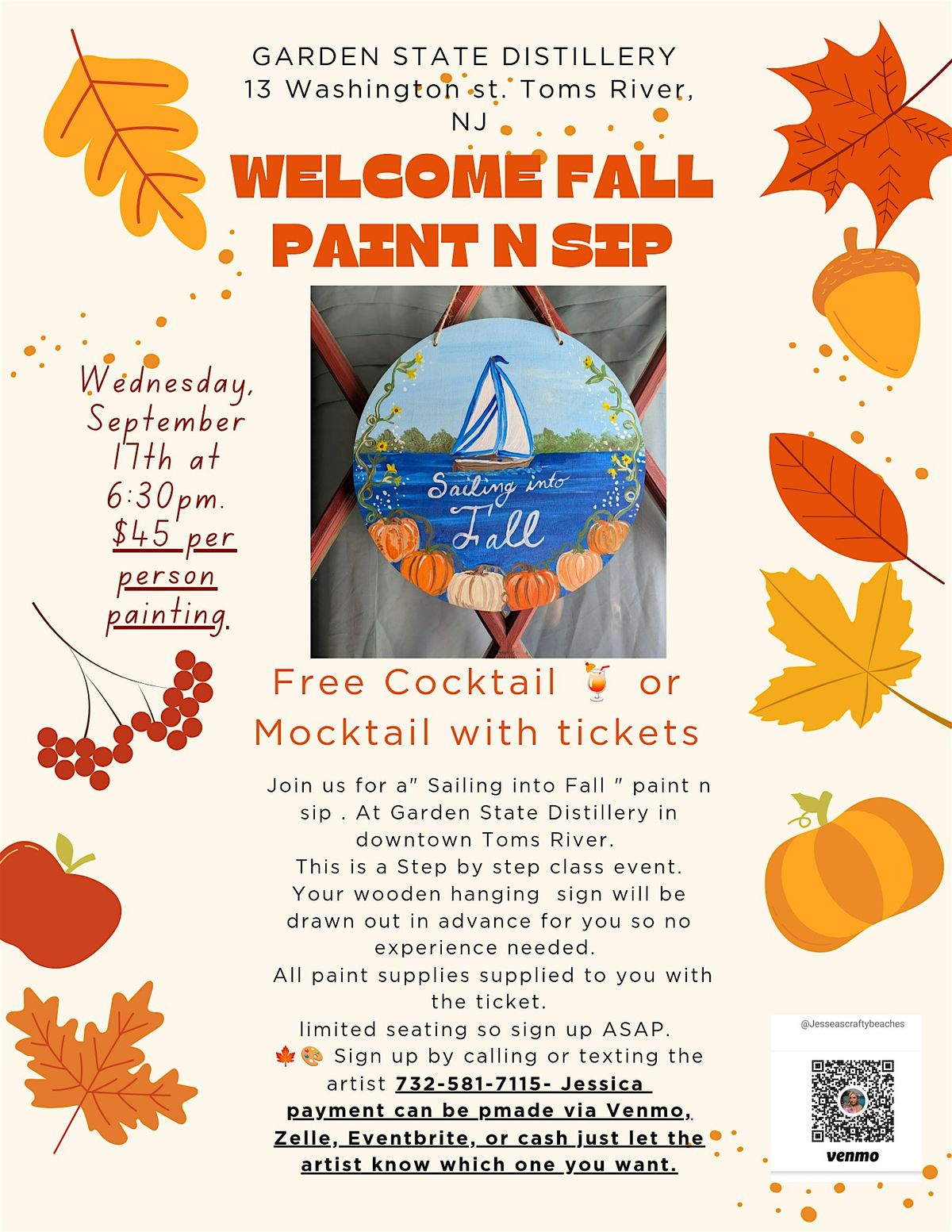 Garden State Distillery "Sailing into Fall" , Paint and sip, 17 September | Event in Toms River