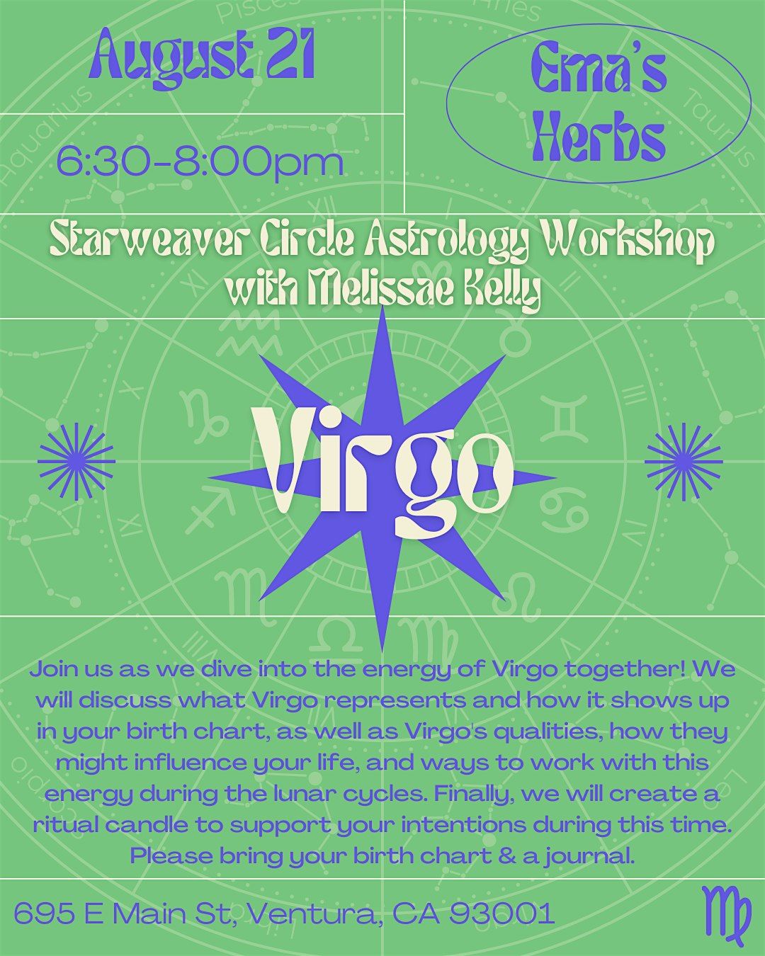 Starweaver  Circle Astrology Workshop: Virgo with Melissae Kelly, 21 August | Event in Ventura | AllEvents